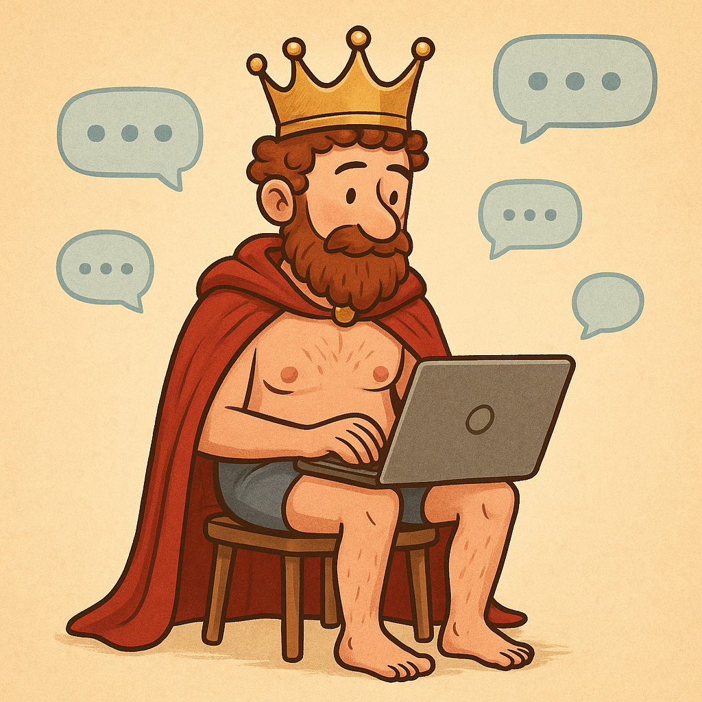 Иллюстрация в мультяшном стиле: бородатый король в короне и красном плаще сидит на табурете с ноутбуком, в окружении облачков-чатов.