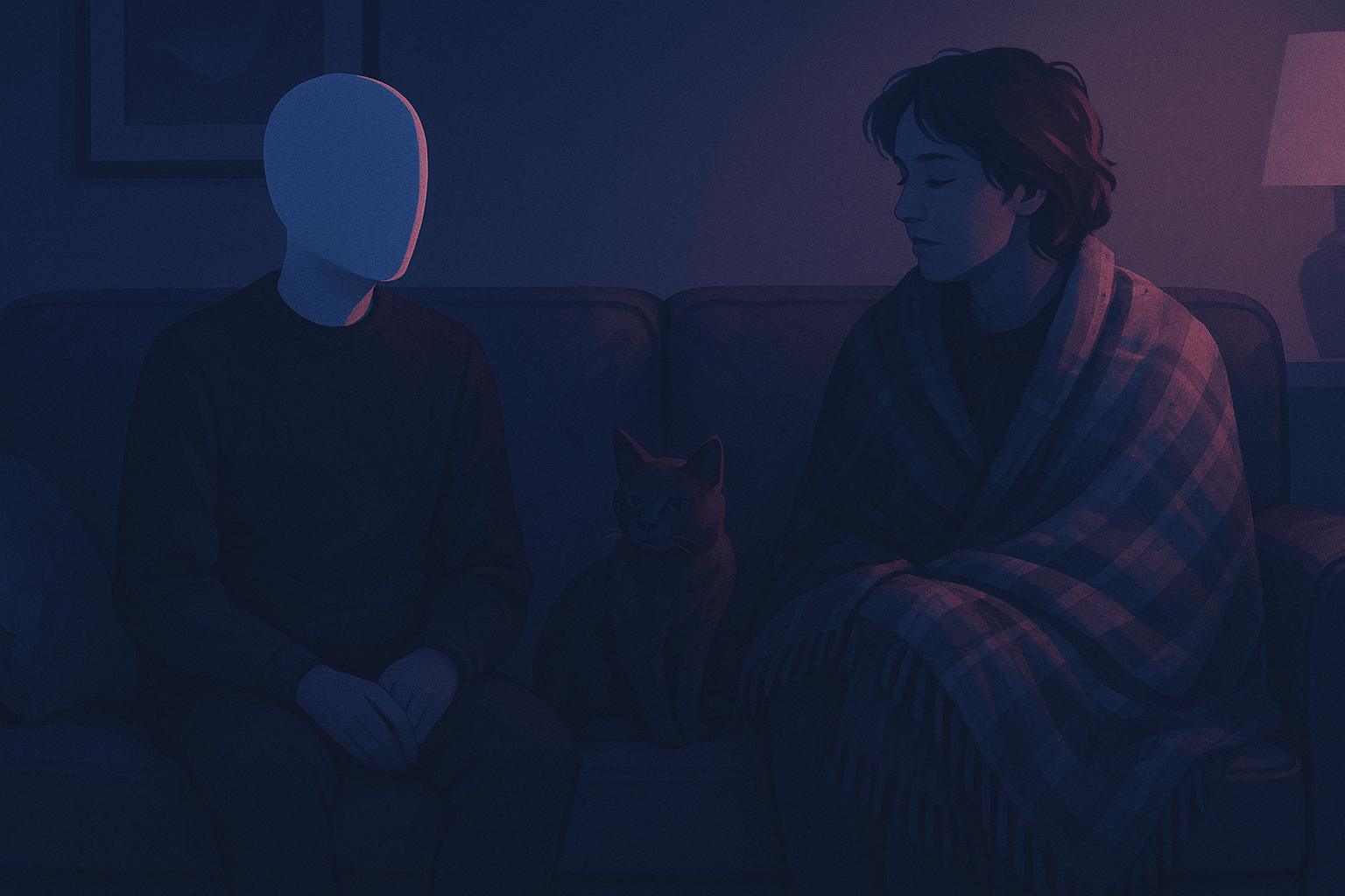 Уютная гостиная в полумраке: плед с катышками и элегантный шарф лежат рядом на диване, кот устроился у ног, за окном синеватый свет, атмосфера тёплая и чуть сонная, как после долгого разговора.