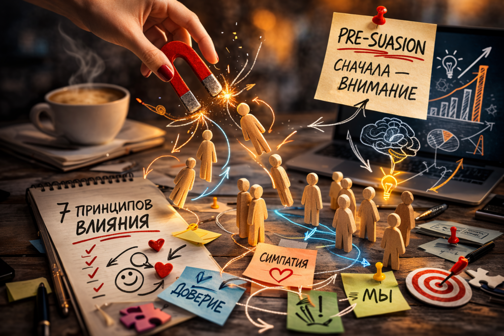 магнит притягивает деревянные фигурки людей на рабочем столе маркетолога, визуальная метафора принципов влияния и психологии согласия Чалдини.