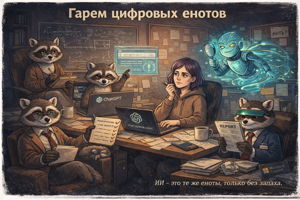 Женщина за ноутбуком и пять енотов-ИИ-ассистентов вокруг. Подпись: «ИИ — это те же еноты. Просто без запаха.»