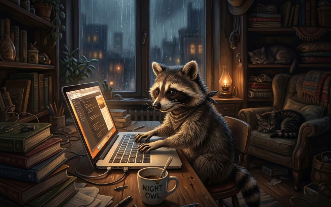 Иллюстрация к статье Ирины Берг: енот в очках сидит за ноутбуком в 3 часа ночи в уютной захламленной комнате, метафора внутреннего хаоса и общения с искусственным интеллектом.