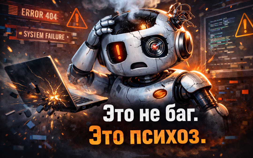 Иллюстрация с мультяшным роботом в слегка хаотичной, абсурдной обстановке: вокруг него странные детали и элементы, создающие ощущение «сбоя» или перегруза. Робот выглядит растерянным или перегруженным. На изображении надпись: «Это не баг. Это психоз».