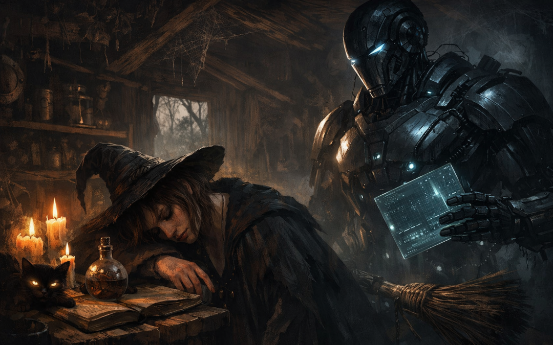 ведьма сидит за ноутбуком в темной комнате, вокруг хаос из кружек, кот на клавиатуре, усталость и лёгкое безумие, атмосфера ироничного выгорания и цифровой перегрузки