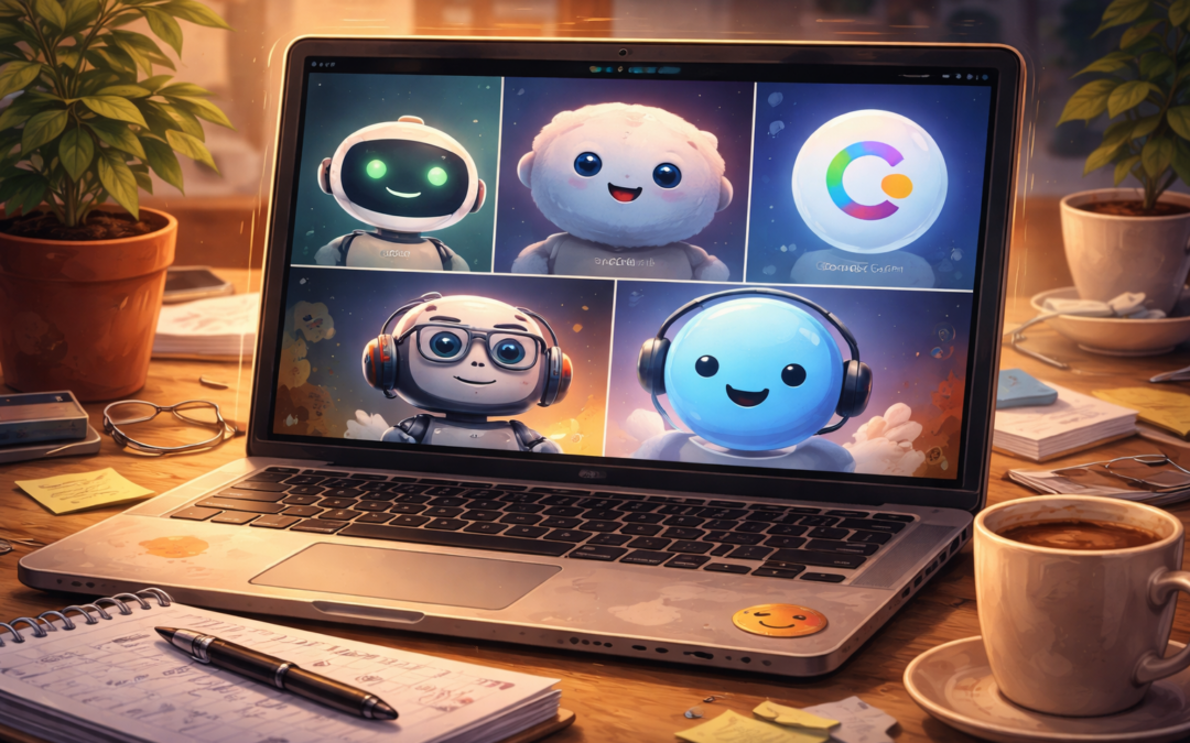 ноутбук с интерфейсом искусственных интеллектов и милыми персонажами на экране, домашний рабочий стол с кофе и блокнотом, визуализация ИИ-психологов