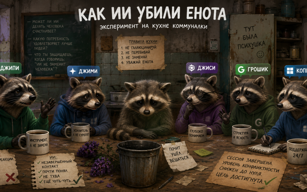 Пятеро антропоморфных ИИ-енотов сидят на кухне коммуналки вокруг стола с кружками и бумажками, а грустный енот — возле мусорного ведра. Сатирическая иллюстрация про ИИ, счастье, соцсети и «почти понимание».